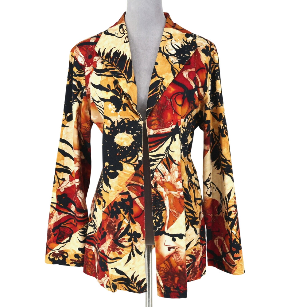 Chicos Additions Jacket 3 Womens XL 16 Black Red Beige Stretch Cotton Hook Eye